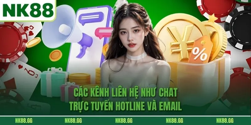 Các kênh liên hệ như chat trực tuyến, hotline và email